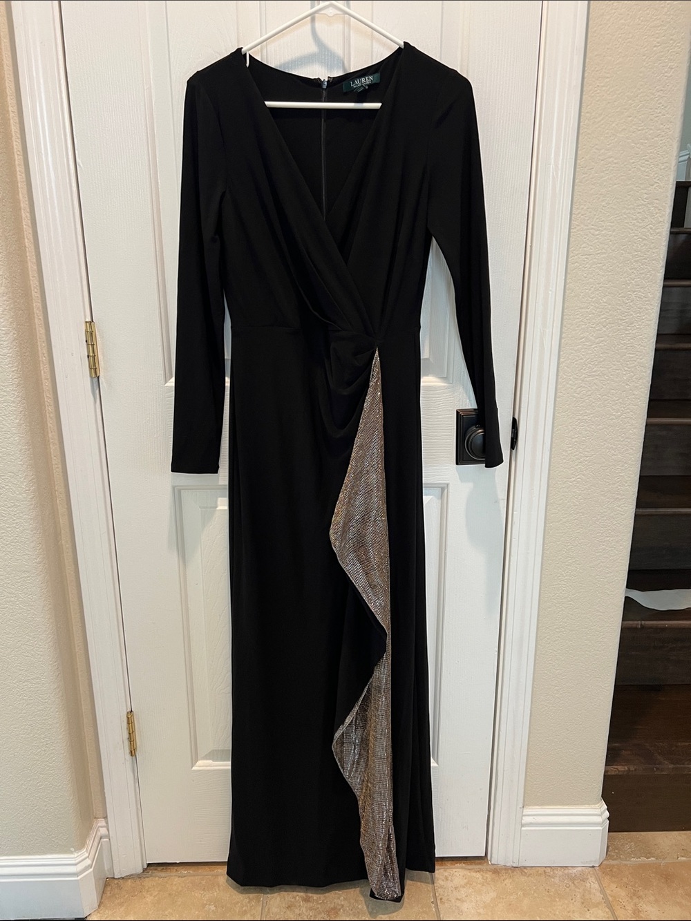 Lauren by Ralph Lauren Black Long Sleeve Dress with Gold Silver Ruffle